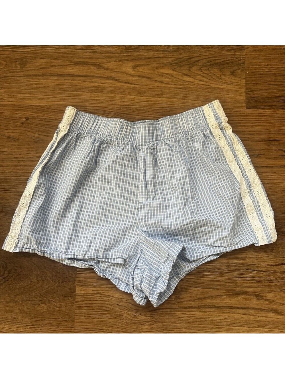 Old Navy Pajama Shorts XS Womens Blue White Plaid Gingham Eyelet Lace Trim